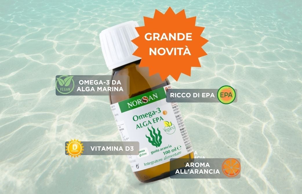 Prodotto NORSAN Omega-3 Alga EPA con delle icone e scritte, acqua marina come sfondo