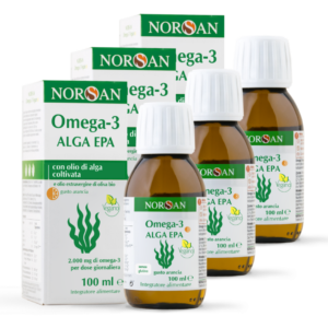 Packshot di 3 bottiglie NORSAN Omega-3 Alga Epa