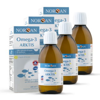 Packshot di 3 bottiglie NORSAN Omega-3 Arktis