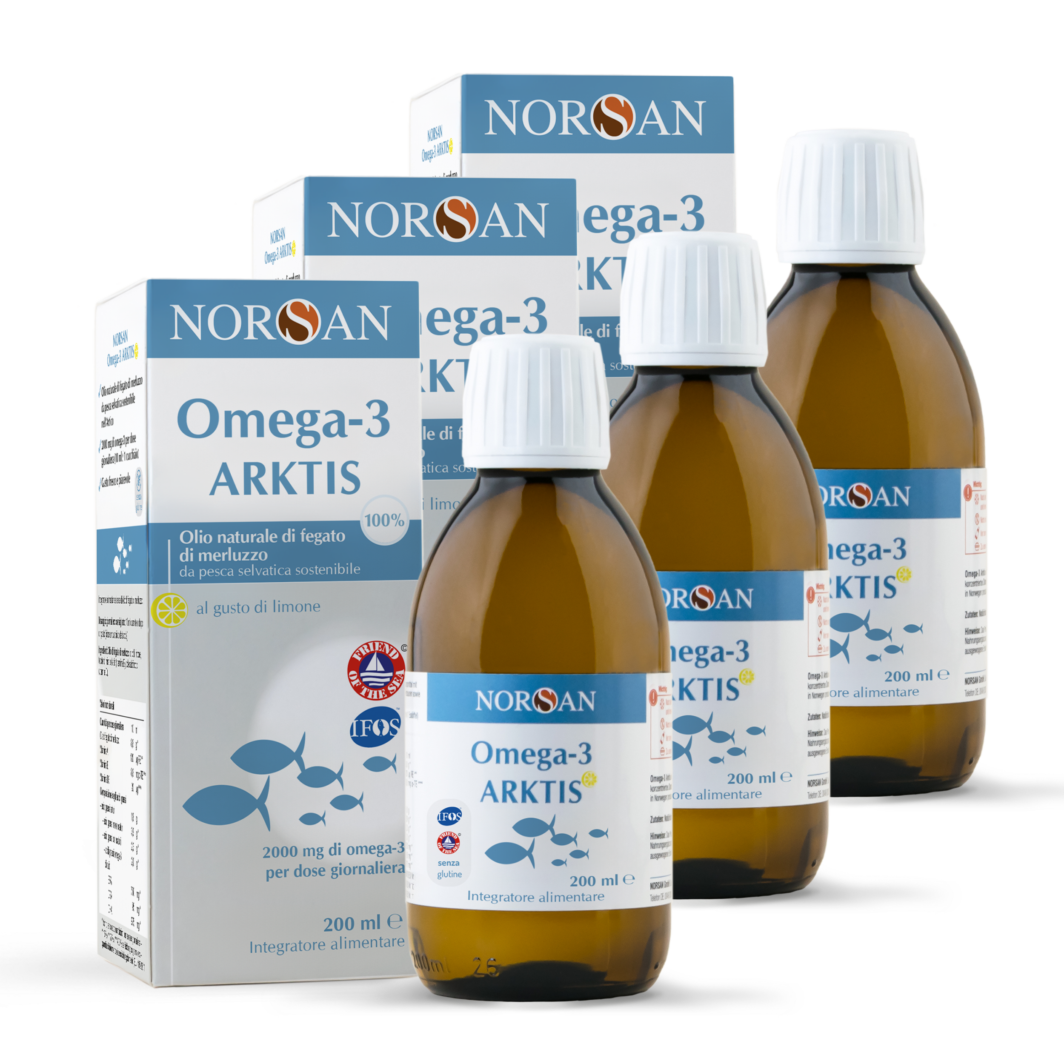 Packshot di 3 bottiglie NORSAN Omega-3 Arktis