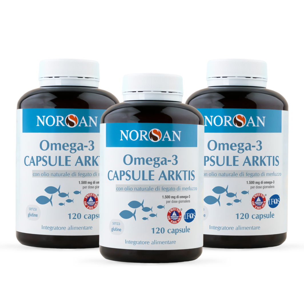 Packshot di 3 confezioni NORSAN Omega-3 Capsule Arktis
