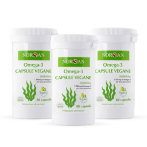 Packshot di 3 confezioni NORSAN Omega-3 Capsule Vegane