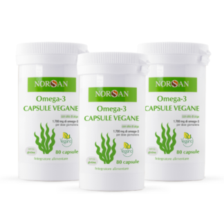 Packshot di 3 confezioni NORSAN Omega-3 Capsule Vegane