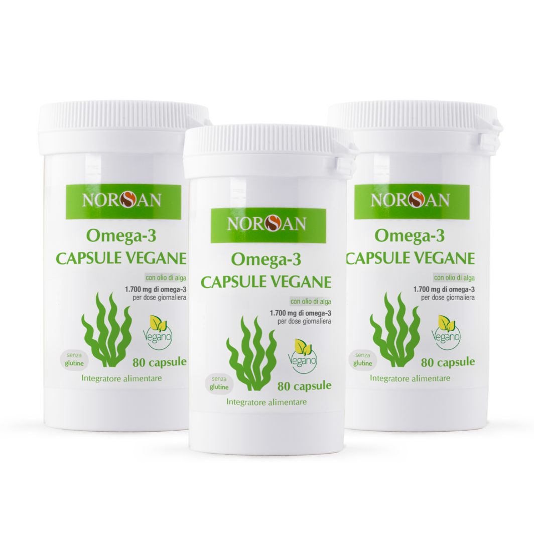 Packshot di 3 confezioni NORSAN Omega-3 Capsule Vegane