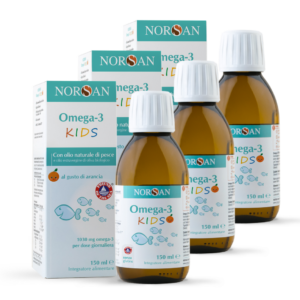 Packshot di 3 bottiglie NORSAN Omega-3 KIDS