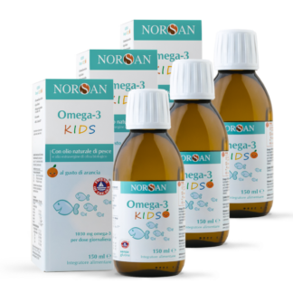 Packshot di 3 bottiglie NORSAN Omega-3 KIDS
