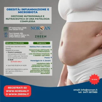 Grafica promozionale del corso ECM "Obesità: Infiammazione e Microbiota" con focus su nutrizione e nutraceutica – 10 crediti ECM.