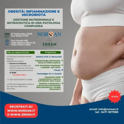 Grafica promozionale del corso ECM "Obesità: Infiammazione e Microbiota" con focus su nutrizione e nutraceutica – 10 crediti ECM.