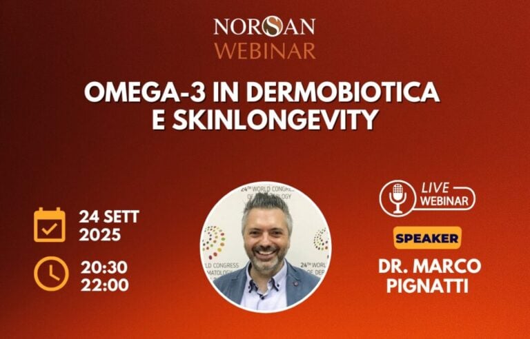 Copertina NORSAN webinar: Omega-3 in dermotologia e skinlongevity. Info evento e foto profilo di Dr. Pignatti