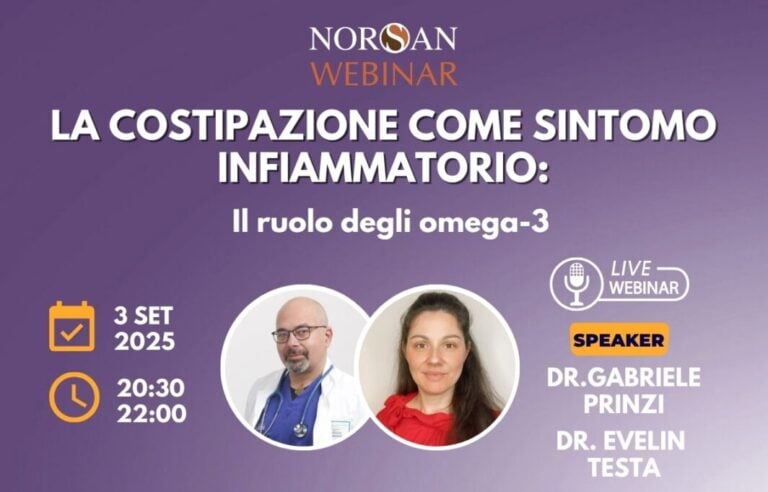 Copertina NORSAN Webinar: La costipazione come sintomo infiammatorio - il ruolo degli Omega-3. Info evento e foto profilo Dr. Prinzi e Dr. Testa