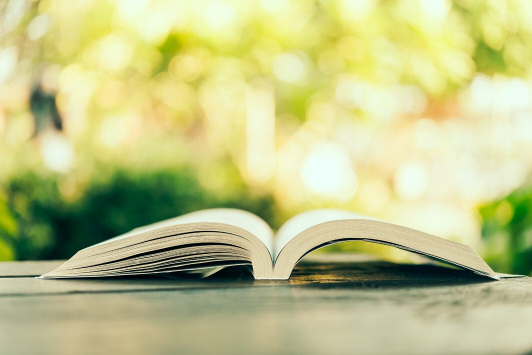 Book opened in natural landscape