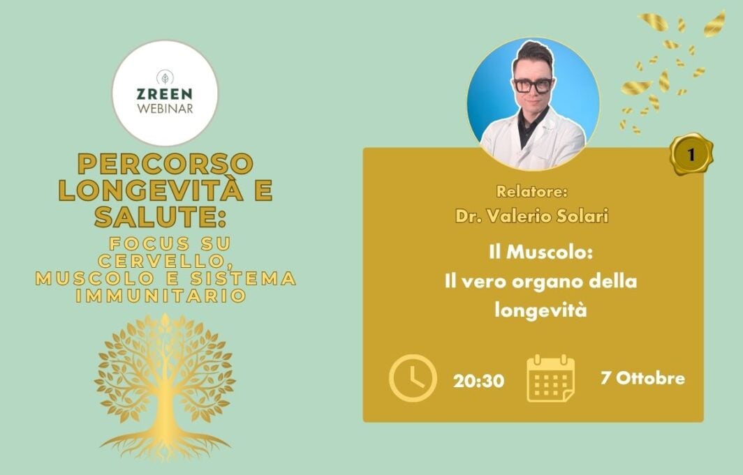Grafica webinar Il Muscolo- Il vero organo della longevità con info webinar e foto del relatore Dr. Solari