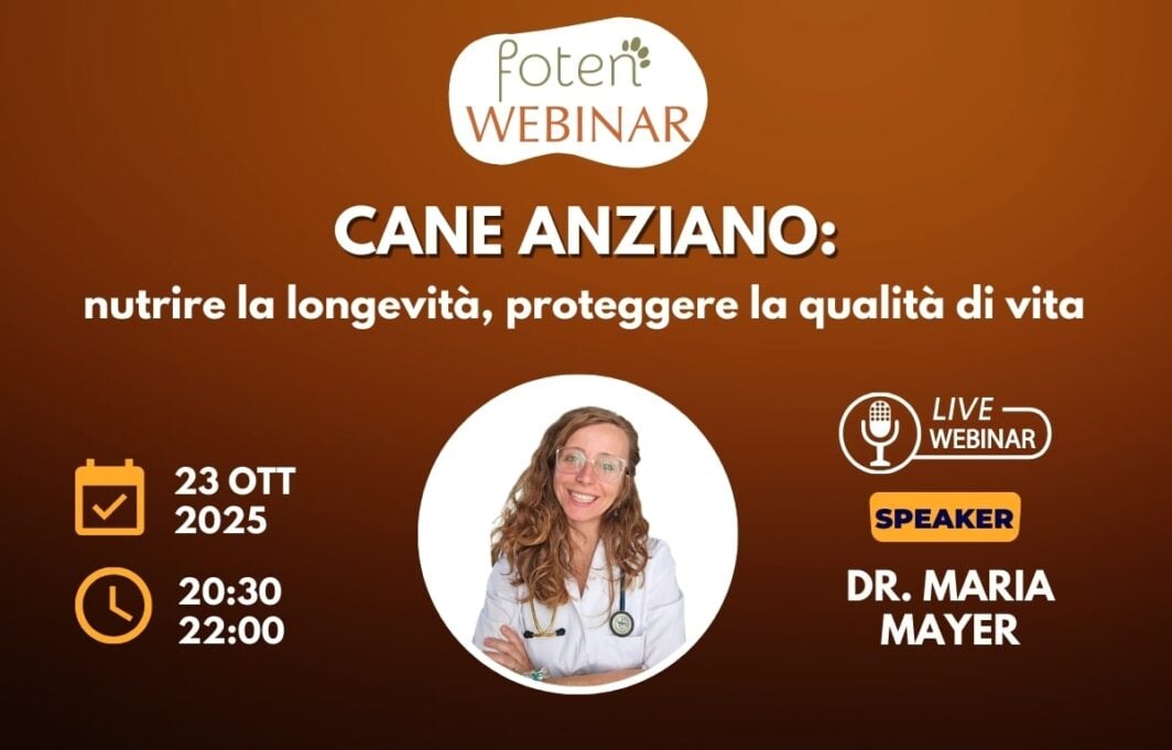 Copertina foten Webinar "Cane anziano -nutrire la longevità, proteggere la qualità di vita" e foto profilo Dr.ssa Mayer