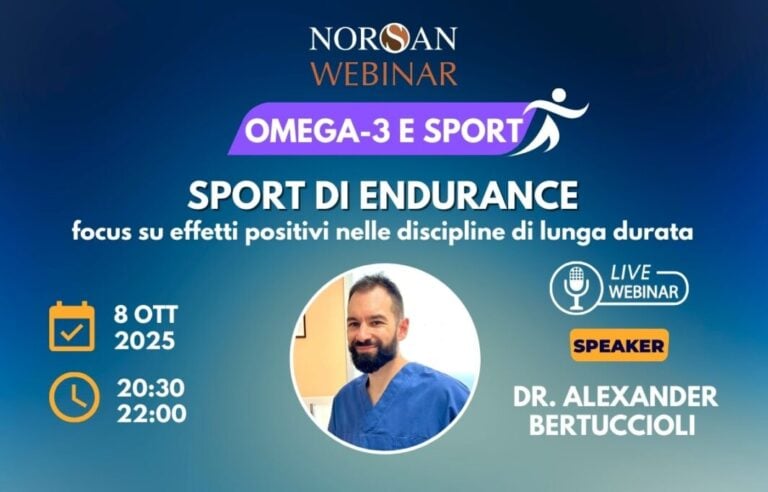Copertina NORSAN Webinar: OMEGA-3 E SPORT. Info evento e foto profilo Dr. Bertuccioli