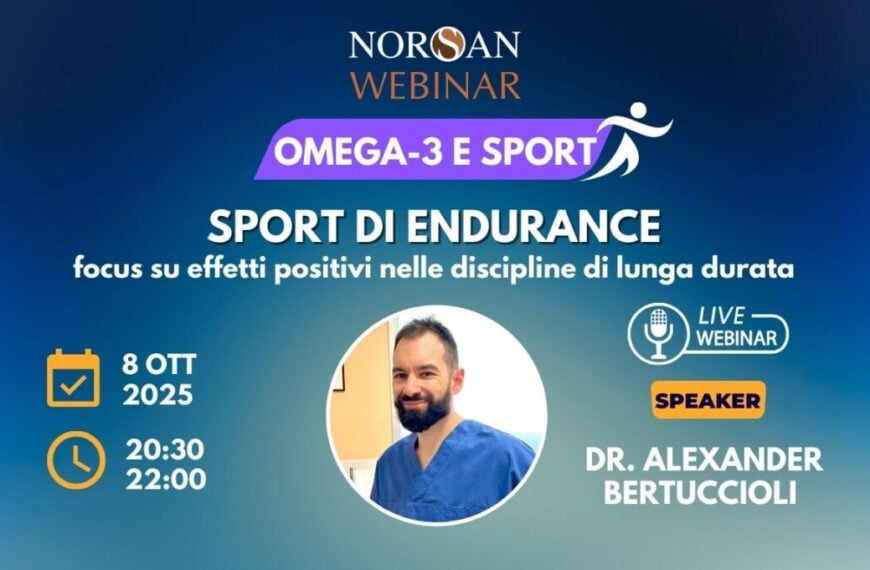 Copertina NORSAN Webinar: OMEGA-3 E SPORT. Info evento e foto profilo Dr. Bertuccioli