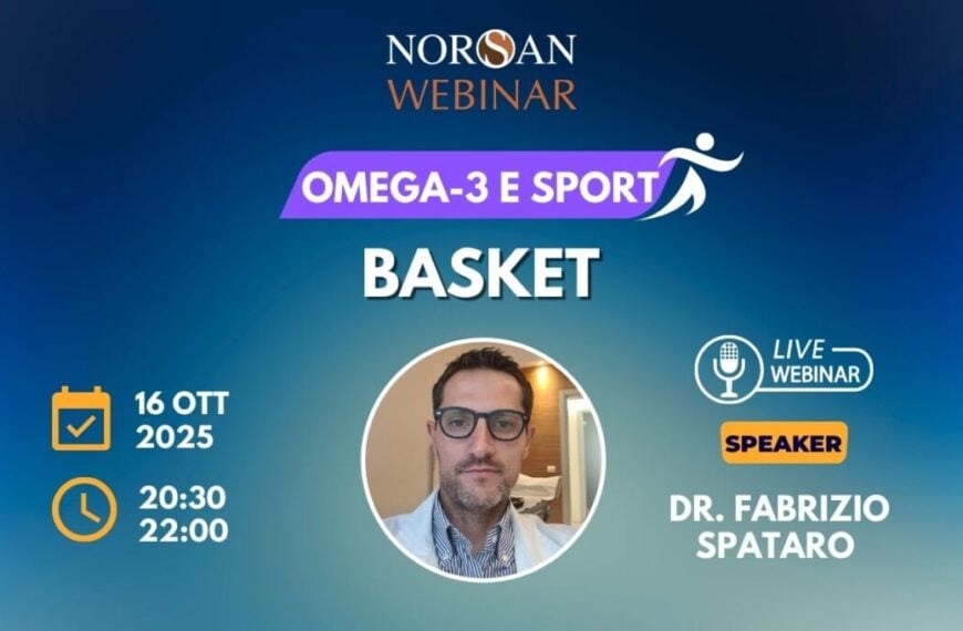 Copertina NORSAN Webinar: OMEGA-3 E SPORT. Info evento e foto profilo Dr. Spataro