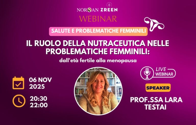 Copertina NORSAN Webinar: Salute e Problematiche Femminili. Info evento e foto profilo Prof.ssa Lara Testai