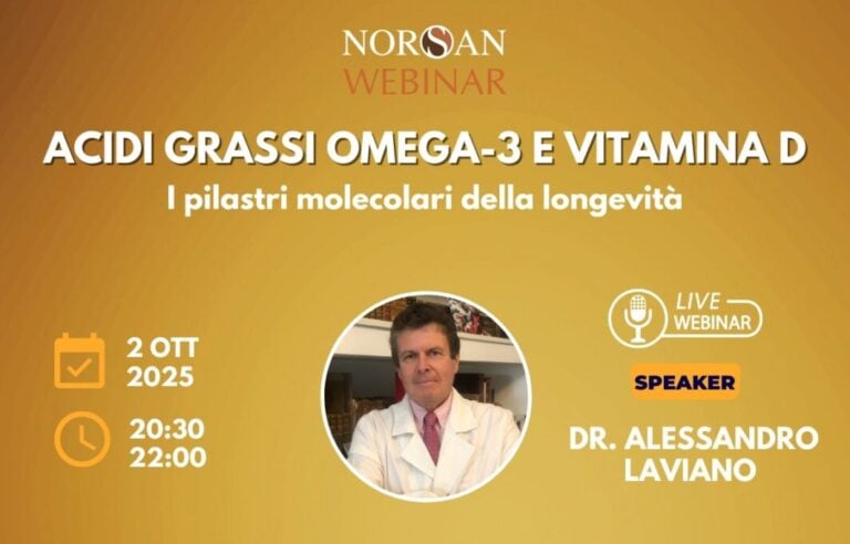 Copertina NORSAN Webinar: Acidi grassi omega-3 e vitamina D. Info evento e foto profilo Dr. Laviano