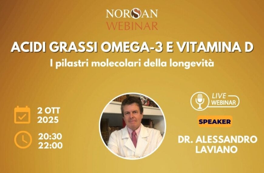 Copertina NORSAN Webinar: Acidi grassi omega-3 e vitamina D. Info evento e foto profilo Dr. Laviano