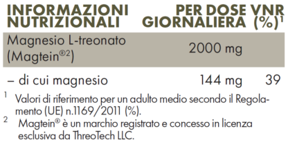 Tabella con valori nutrizionali ZREEN Magnesio Treonato