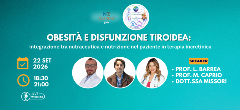 Grafica azzurra e con logo foten con le foto profilo di Prof. Massimiliano Caprio, Dott.ssa Serena Missori e Prof. Luigi Barrea, e dati sull'evento