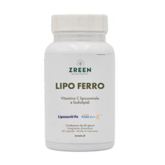 Barattolo bianco di integratore “Lipo Ferro” Zreen con vitamina C liposomiale e fosfolipidi, confezione da 60 capsule.