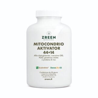 Flacone di integratore Mitocondrio Aktivator 44+14 di Zreen Nutraceutica, attivatore mitocondriale con alfa-chetoglutarato, coenzima Q10 e PQQ.
