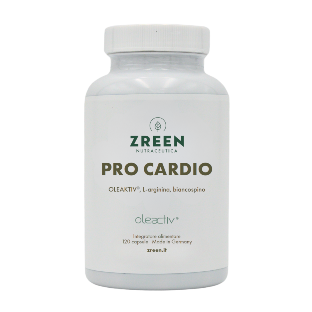 Barattolo bianco di integratore “Pro Cardio” Zreen, confezione da 120 capsule.