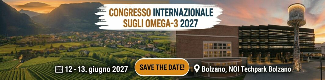 Banner del Congresso Internazionale sugli Omega-3 2027 con panorama dell’Alto Adige, immagine del NOI Techpark di Bolzano, date 12-13 giugno 2027 e testo “Save the Date”.
