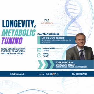 Grafica per Evento “Longevity & Metabolic Tuning”, con logo NZ Academy, immagine del Dr. Uwe Gröber, e info dell'evento