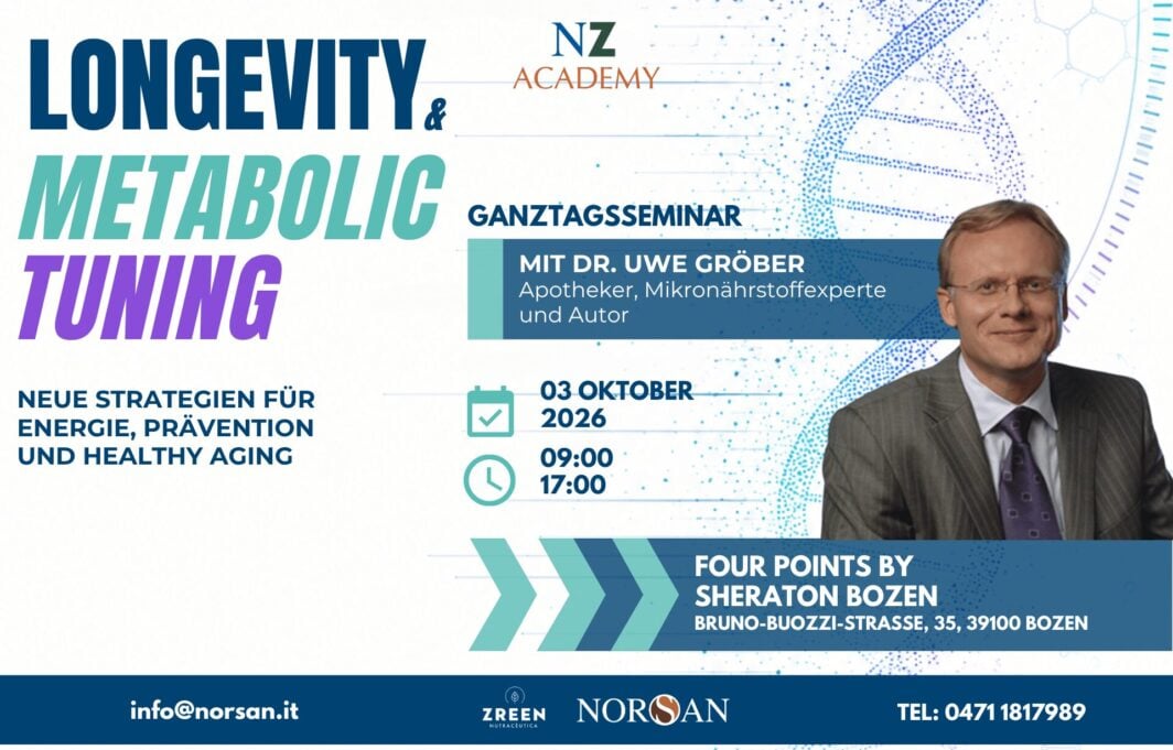 Grafica per Evento “Longevity & Metabolic Tuning”, con logo NZ Academy, immagine del Dr. Uwe Gröber, e info dell'evento