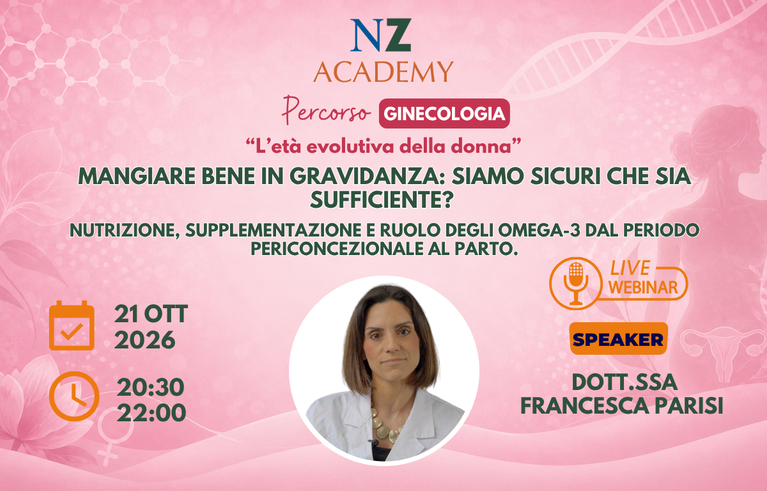 Grafica rosa con info webinar NZ Academy: Mangiare bene in gravidanza con Icone e foto della relatrice Dott.ssa Parisi